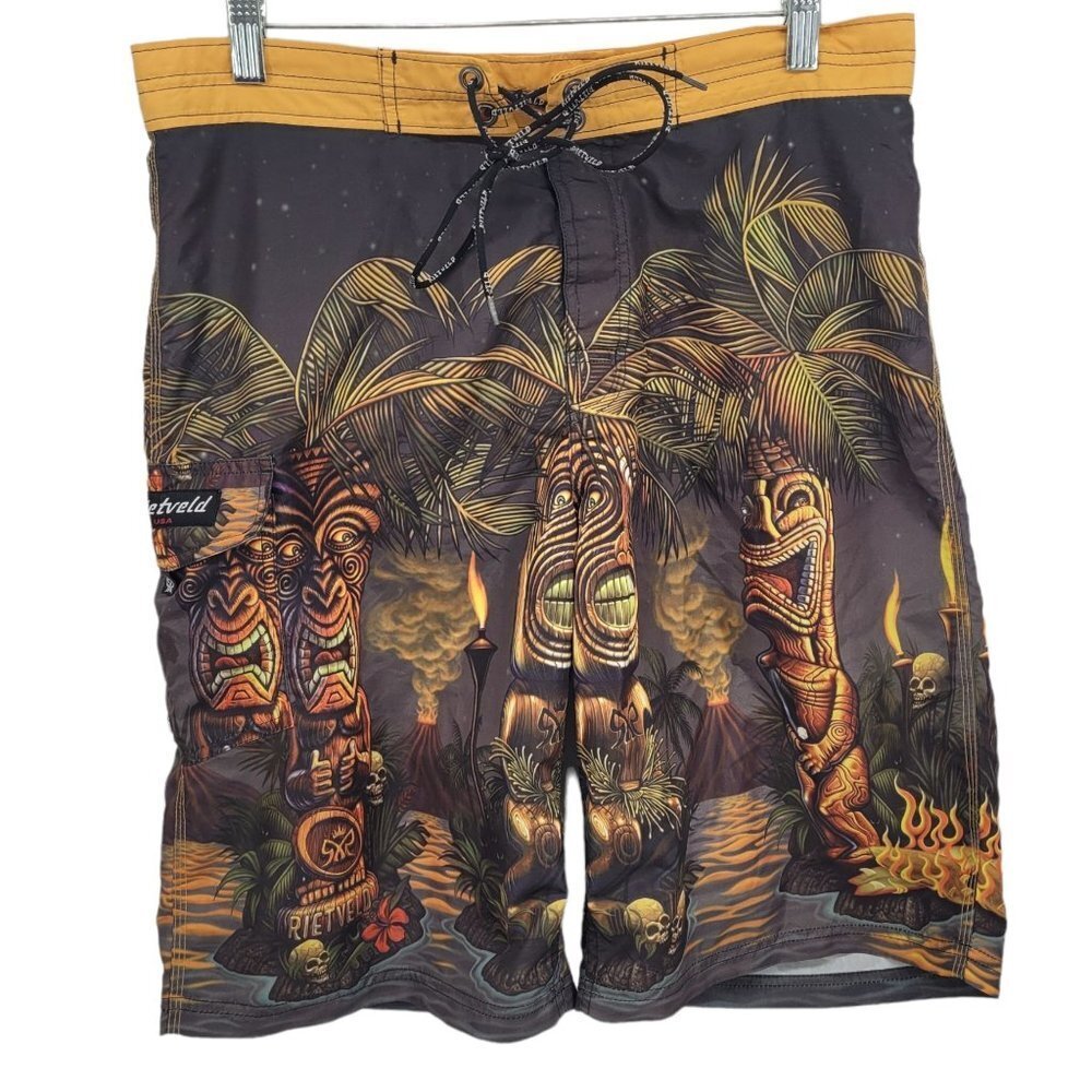 Rietveld Mens size 31 totem poles tiki tropical volcano cargo swim board short